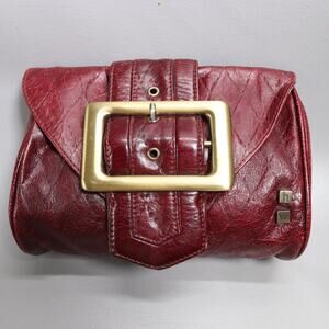 Vtg Helen Welsh Clutch Handbag Oxblood Leather Argyle Quilt Chunky Brass Buckle